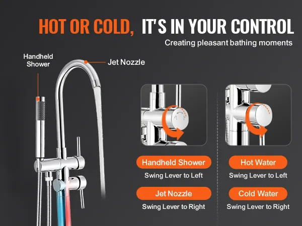 VEVOR freestanding bathtub faucet with handheld shower, jet nozzle, and temperature control.