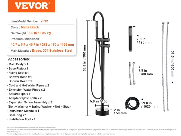 VEVOR freestanding bathtub faucet in matte black with detailed dimensions and included accessories.