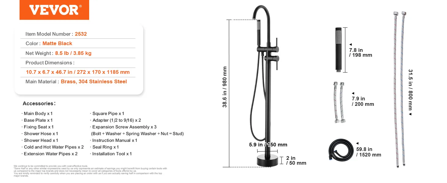 VEVOR freestanding bathtub faucet in matte black with detailed dimensions and included accessories.