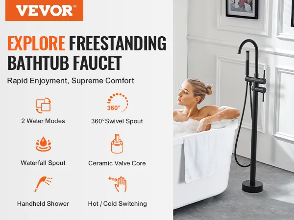 VEVOR freestanding bathtub faucet with handheld shower, 360° swivel spout, and ceramic valve core.