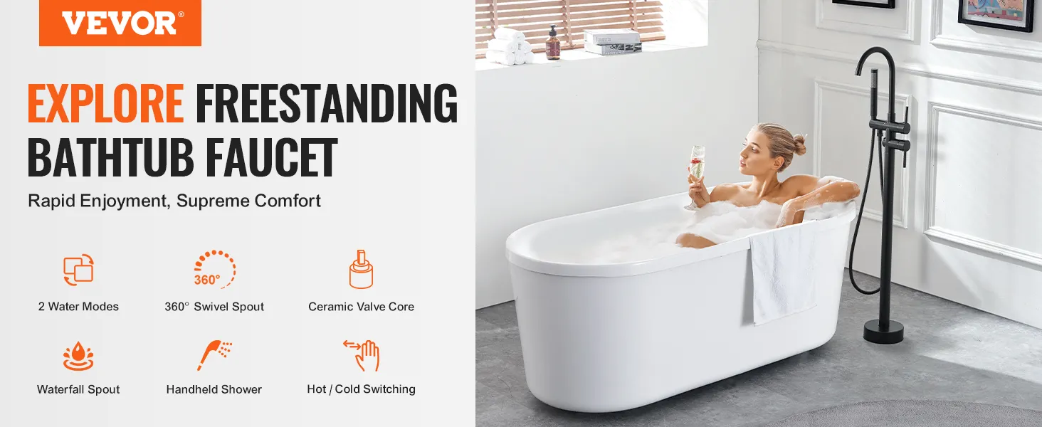 VEVOR freestanding bathtub faucet with handheld shower, 360° swivel spout, and ceramic valve core.