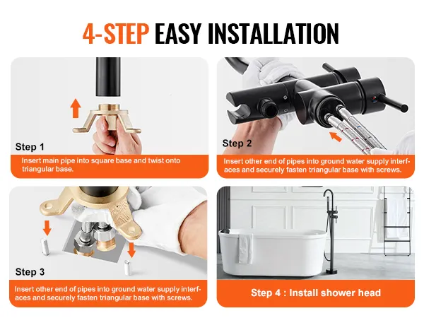 4-step easy installation guide for VEVOR freestanding bathtub faucet with images of each step.