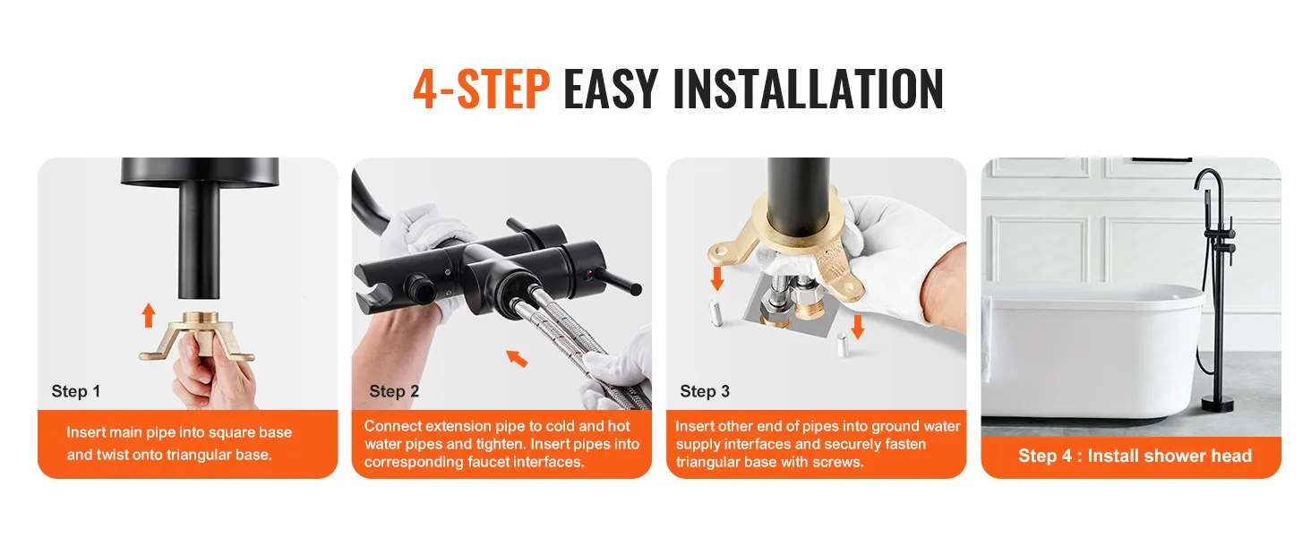 4-step easy installation guide for VEVOR freestanding bathtub faucet with images of each step.