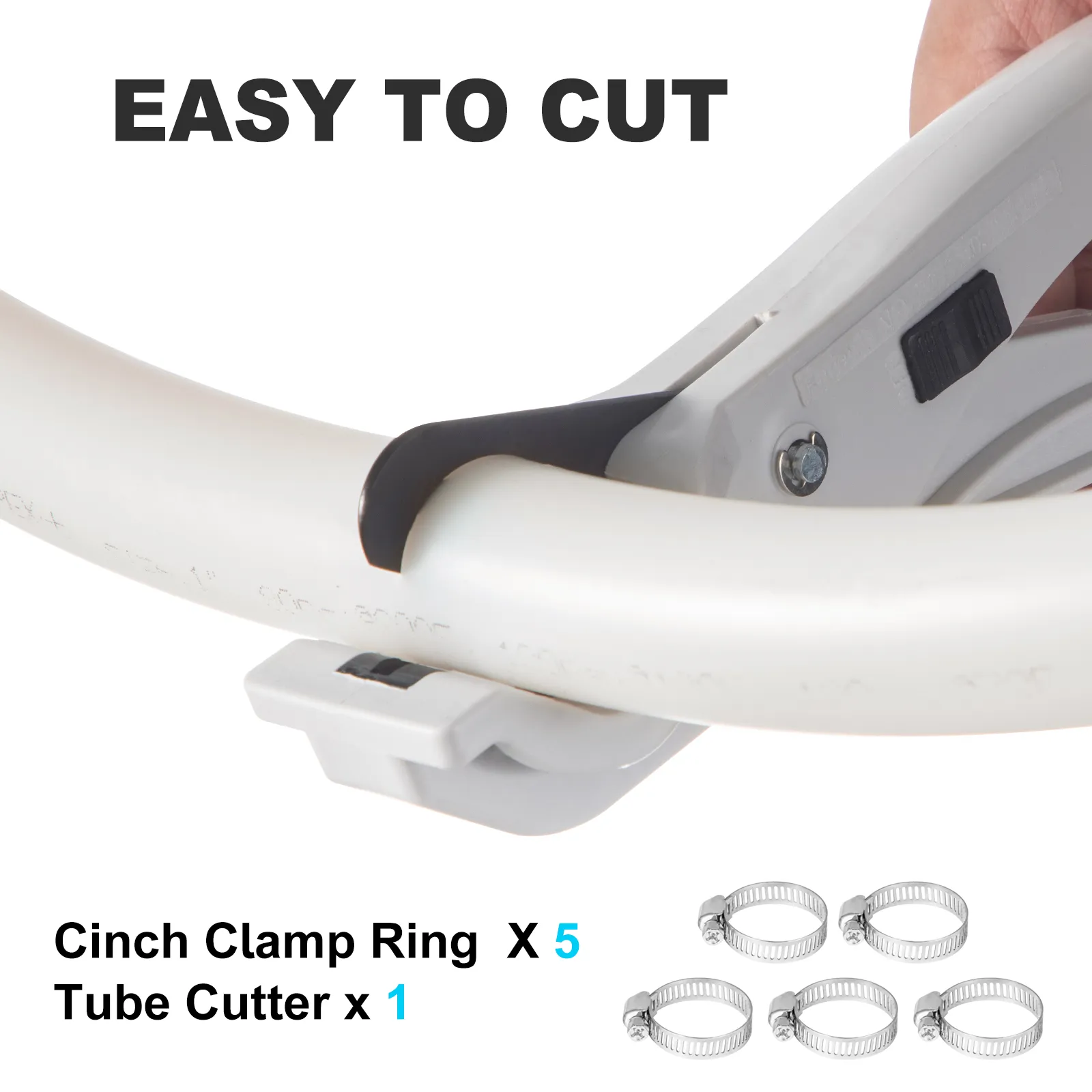 Tubo pex VEVOR con cortador de tubos y 5 anillos de abrazadera de cincha, que muestra un corte fácil.