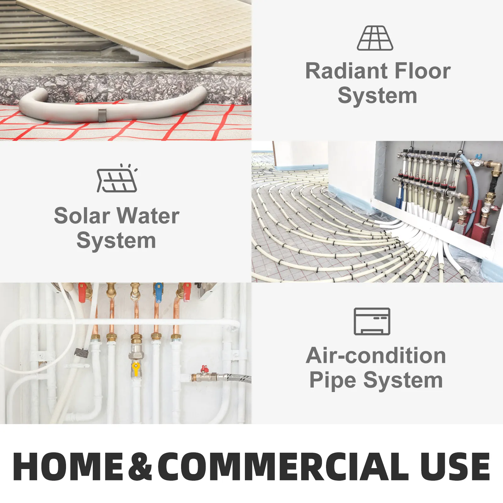 Tubería pex VEVOR para sistemas de tuberías de aire acondicionado, agua solar y suelo radiante; uso doméstico y comercial.
