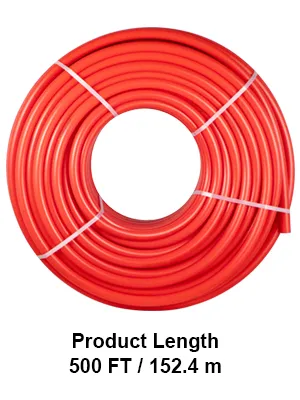 Tubo pex VEVOR en espiral rojo, longitud del producto 500 pies / 152,4 m, atado con correas blancas.