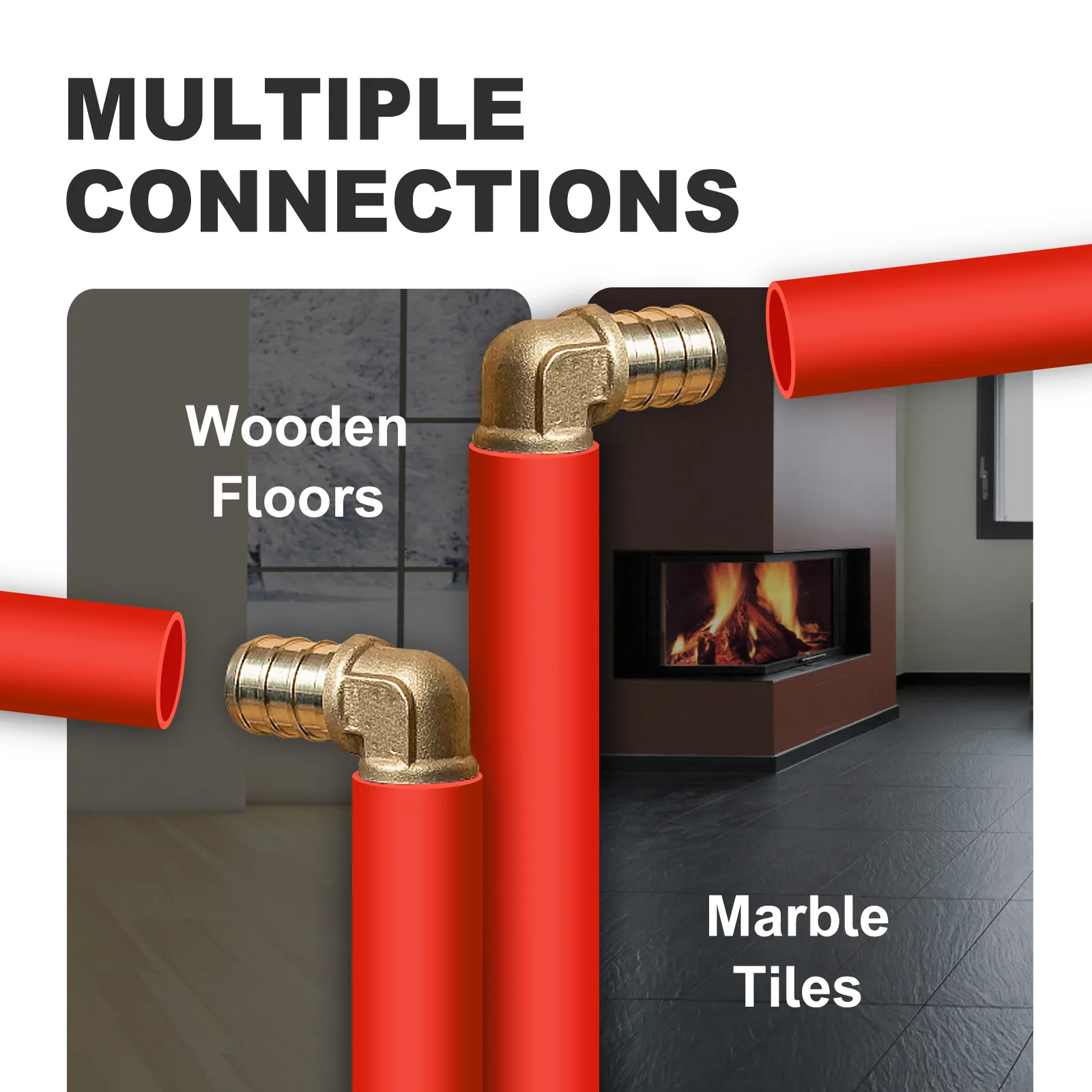 Tubería pex VEVOR con accesorios de latón para suelos de madera y baldosas de mármol, que presenta múltiples conexiones.
