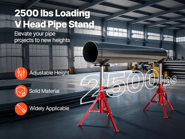 Stojak na rury VEVOR z głowicą w kształcie litery V, maksymalna wysokość 42 cale, udźwig 2500 funtów.