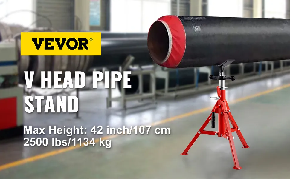 VEVOR pipe stand with v head, max height 42 inches, 2500 lbs capacity.