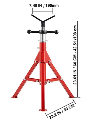 red VEVOR pipe stand with adjustable height and tripod base, measurement details included.