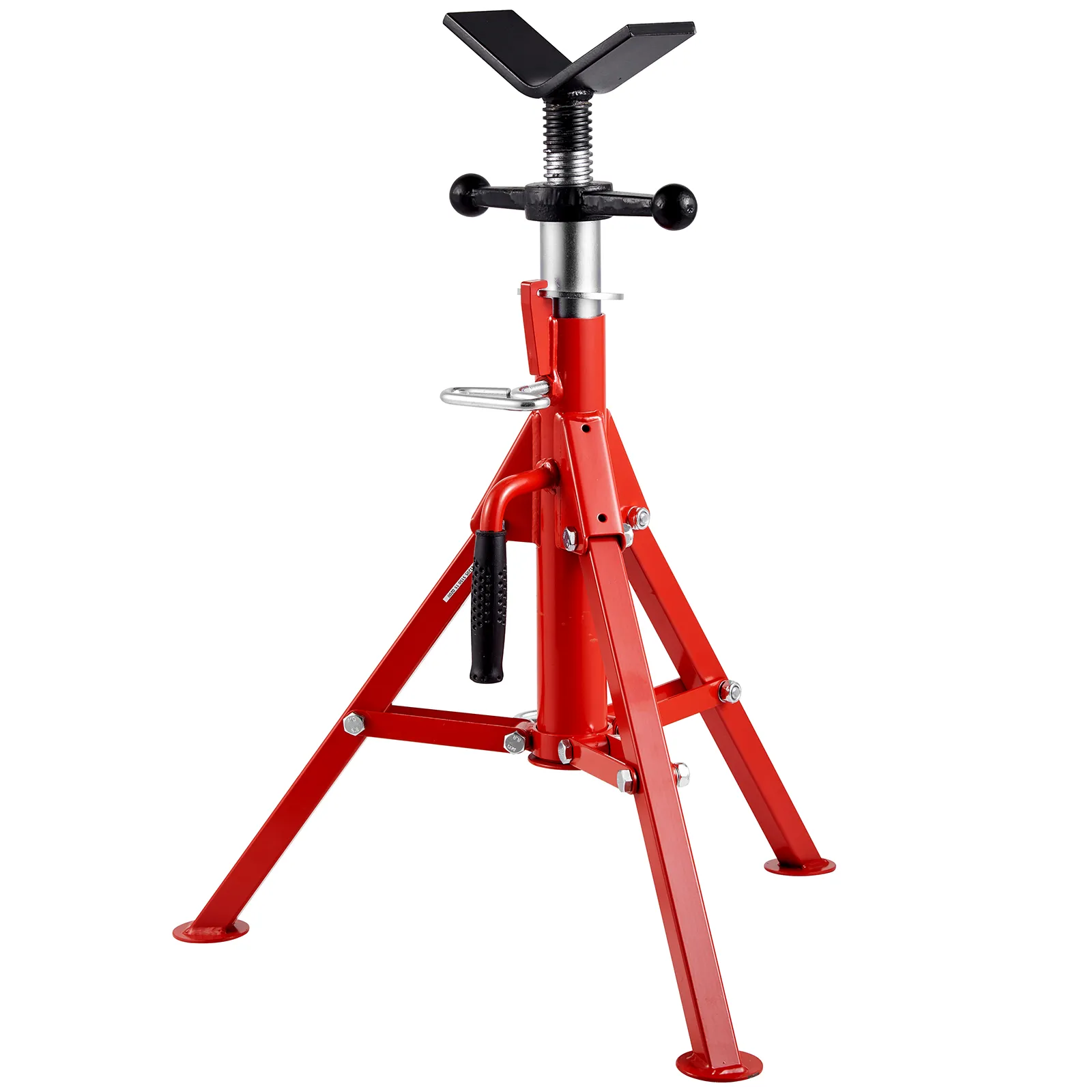 red VEVOR pipe stand with adjustable v-head and stable tripod base.