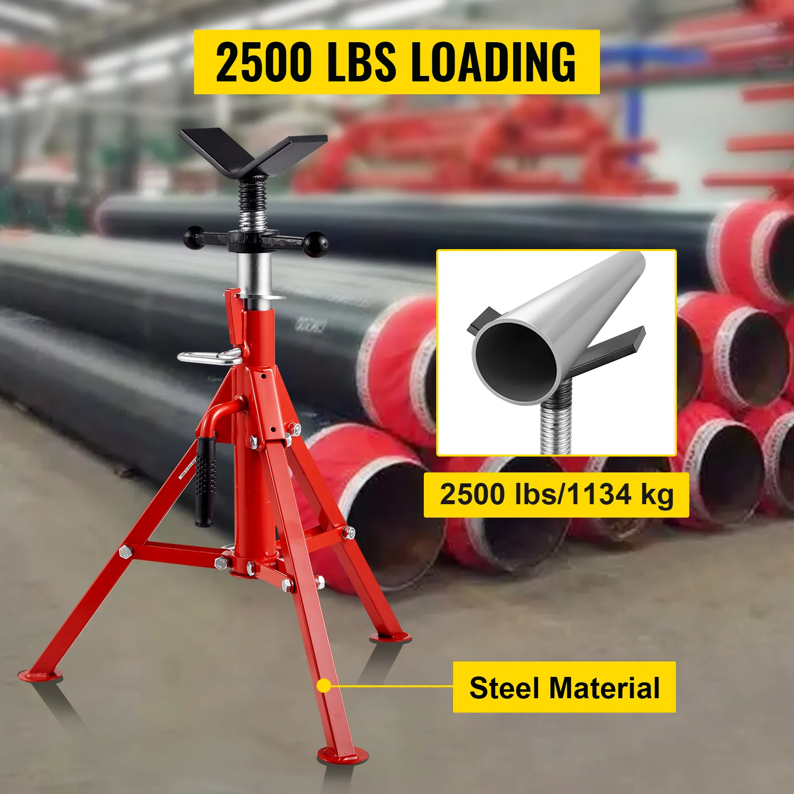 VEVOR pipe stand in a warehouse, supporting 2500 lbs load, made of steel material.