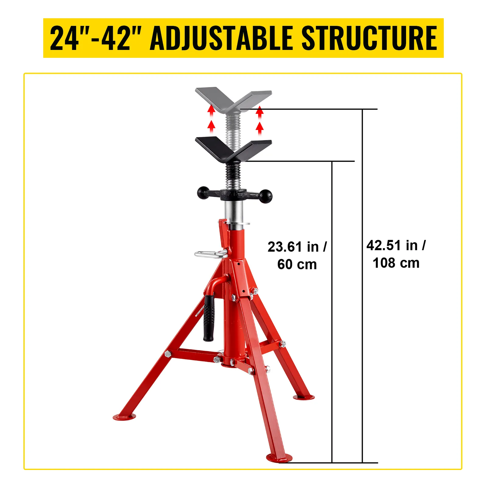 VEVOR pipe stand, red, adjustable from 23.61 inches to 42.51 inches.