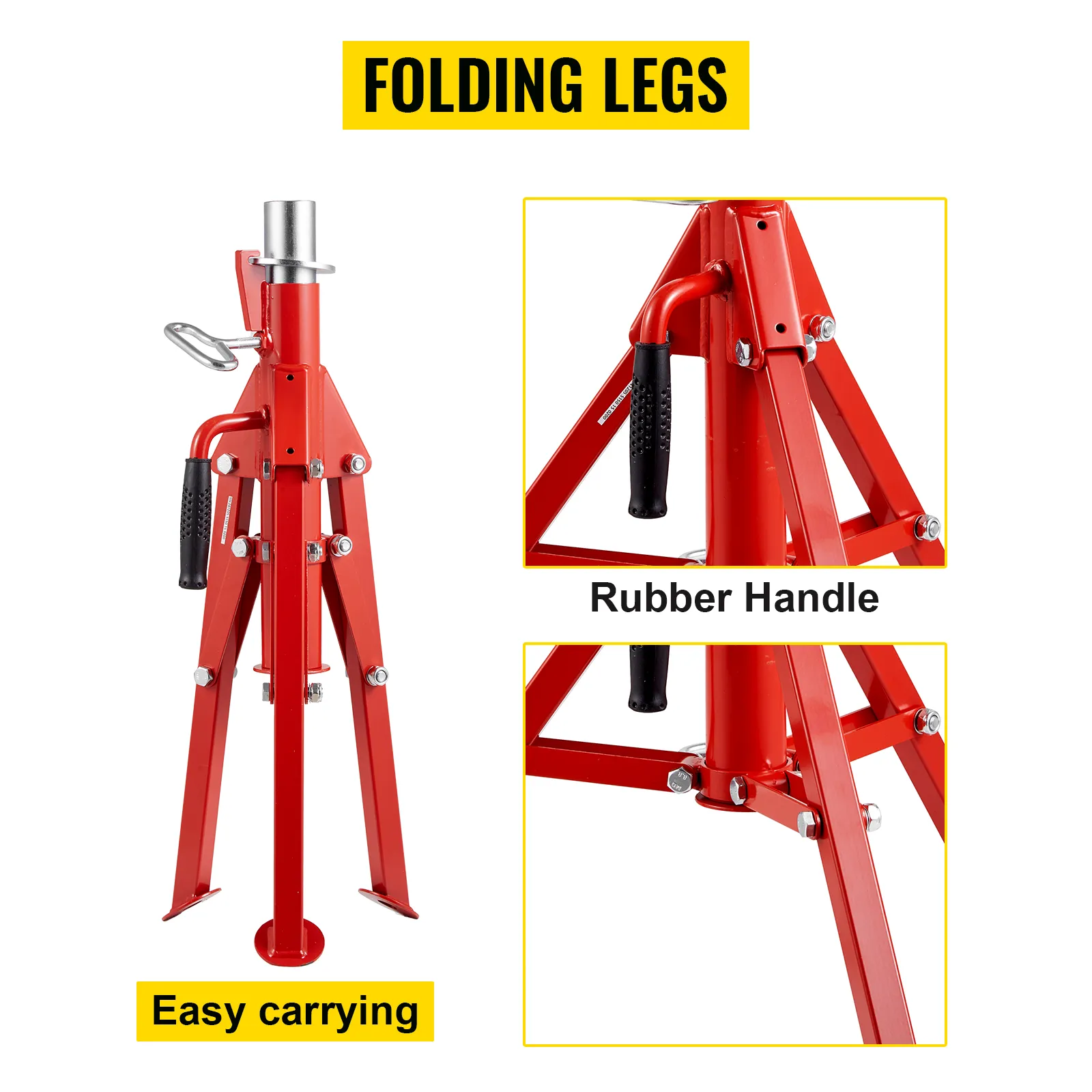 VEVOR pipe stand with folding legs, rubber handle, and easy carrying features.