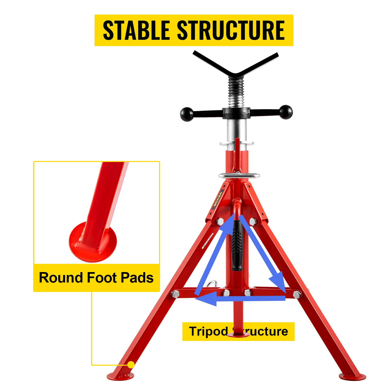VEVOR pipe stand with round foot pads and stable tripod structure.