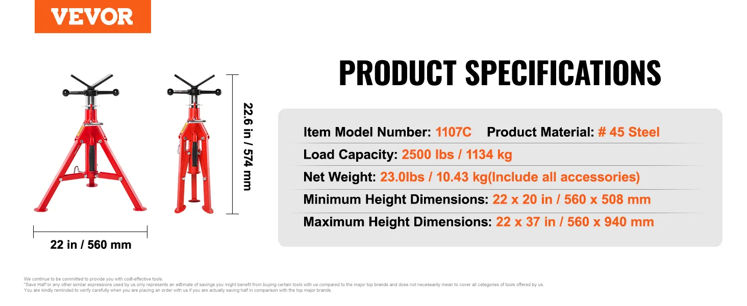 VEVOR pipe stand specifications with dimensions, load capacity, and weight.