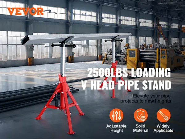 VEVOR pipe stand in warehouse with 2500lb capacity, adjustable height, solid material.