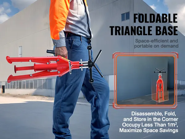 worker holding a VEVOR pipe stand with foldable triangle base against an industrial backdrop.