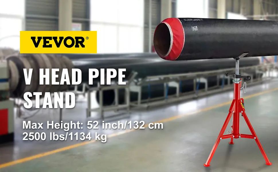 VEVOR pipe stand with a large pipe supported in an industrial setting.
