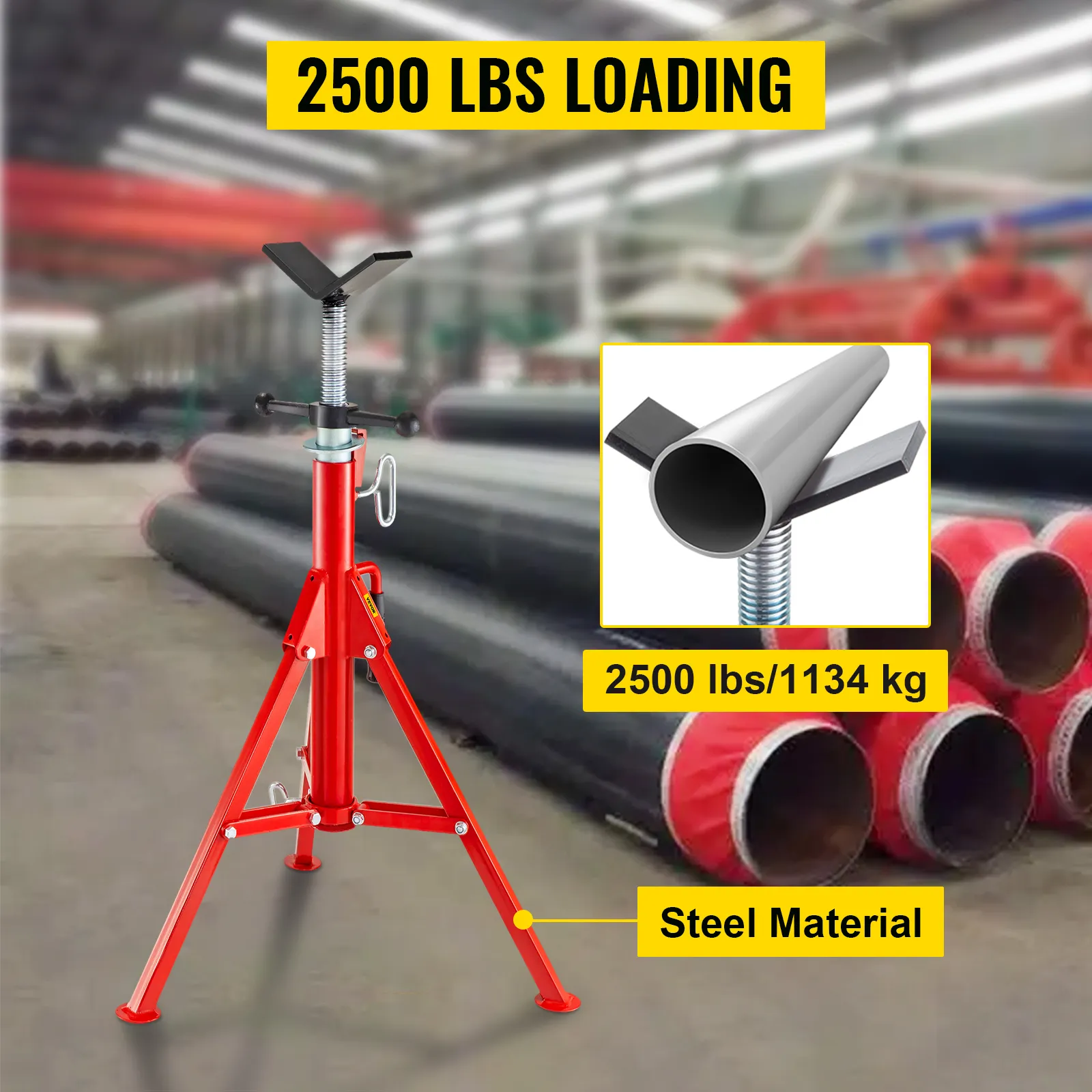 VEVOR pipe stand with 2500 lbs loading capacity, steel material, in an industrial setting.
