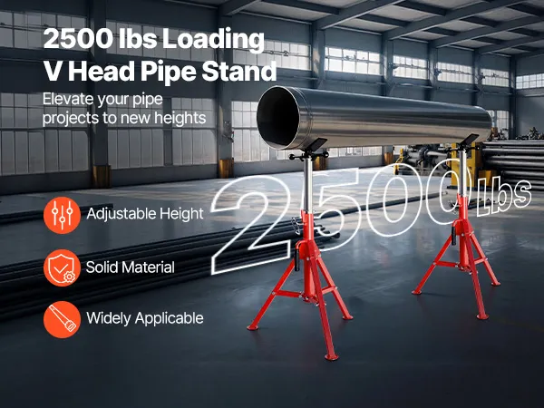 Stojak na rury VEVOR w ustawieniu fabrycznym z zamontowaną czarną i czerwoną rurą. Maksymalna wysokość 52 cali.