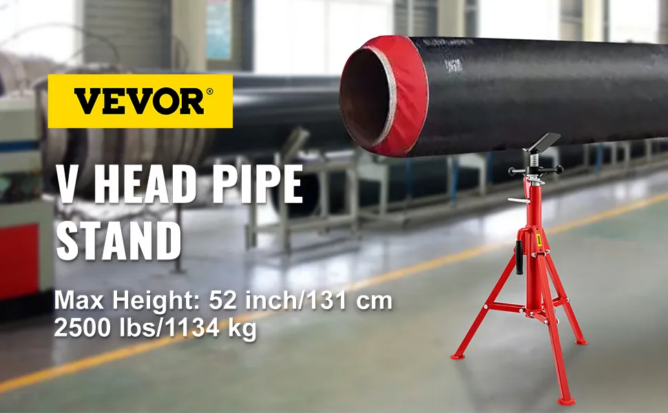 VEVOR pipe stand in factory setting with black and red pipe mounted. maximum height 52 inches.
