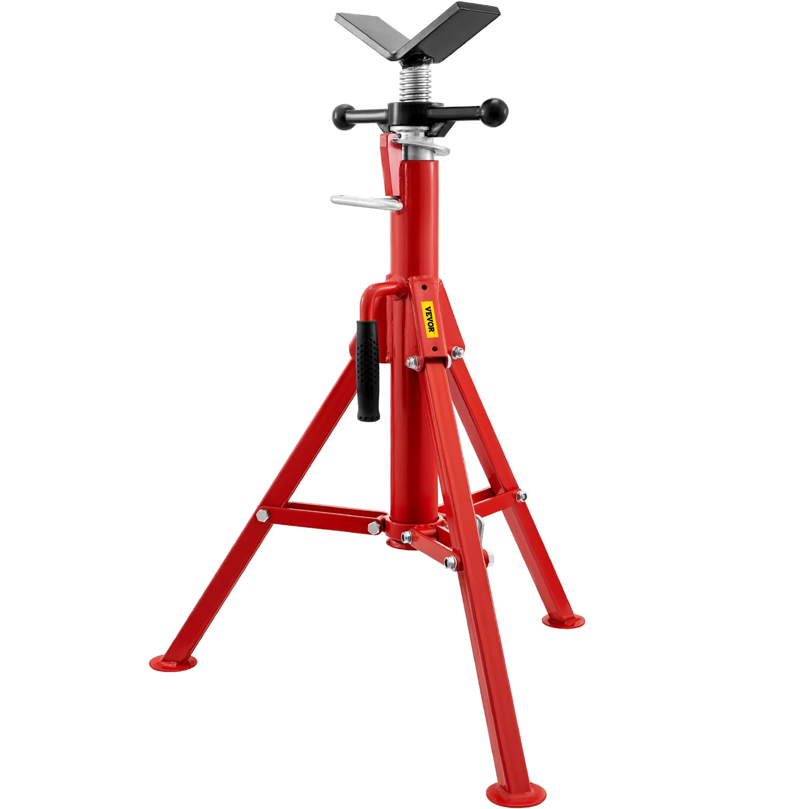 red VEVOR pipe stand with v-shaped support and adjustable height mechanism.