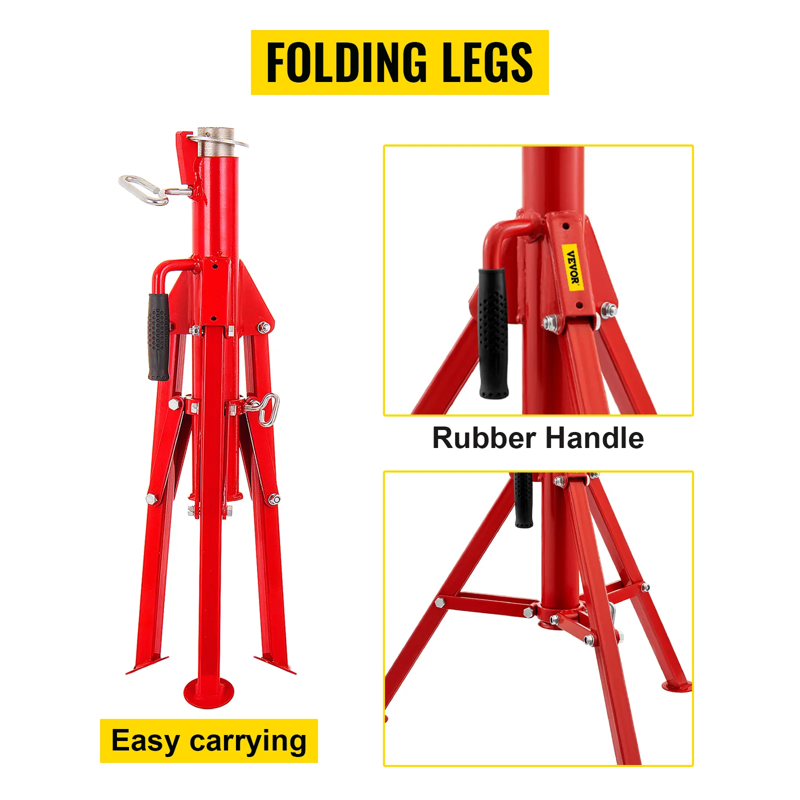 red VEVOR pipe stand with folding legs, rubber handle, and easy carrying.