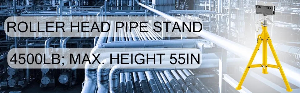 VEVOR roller pipe stand: 4500lb capacity, max height 55in, yellow stand in industrial setting