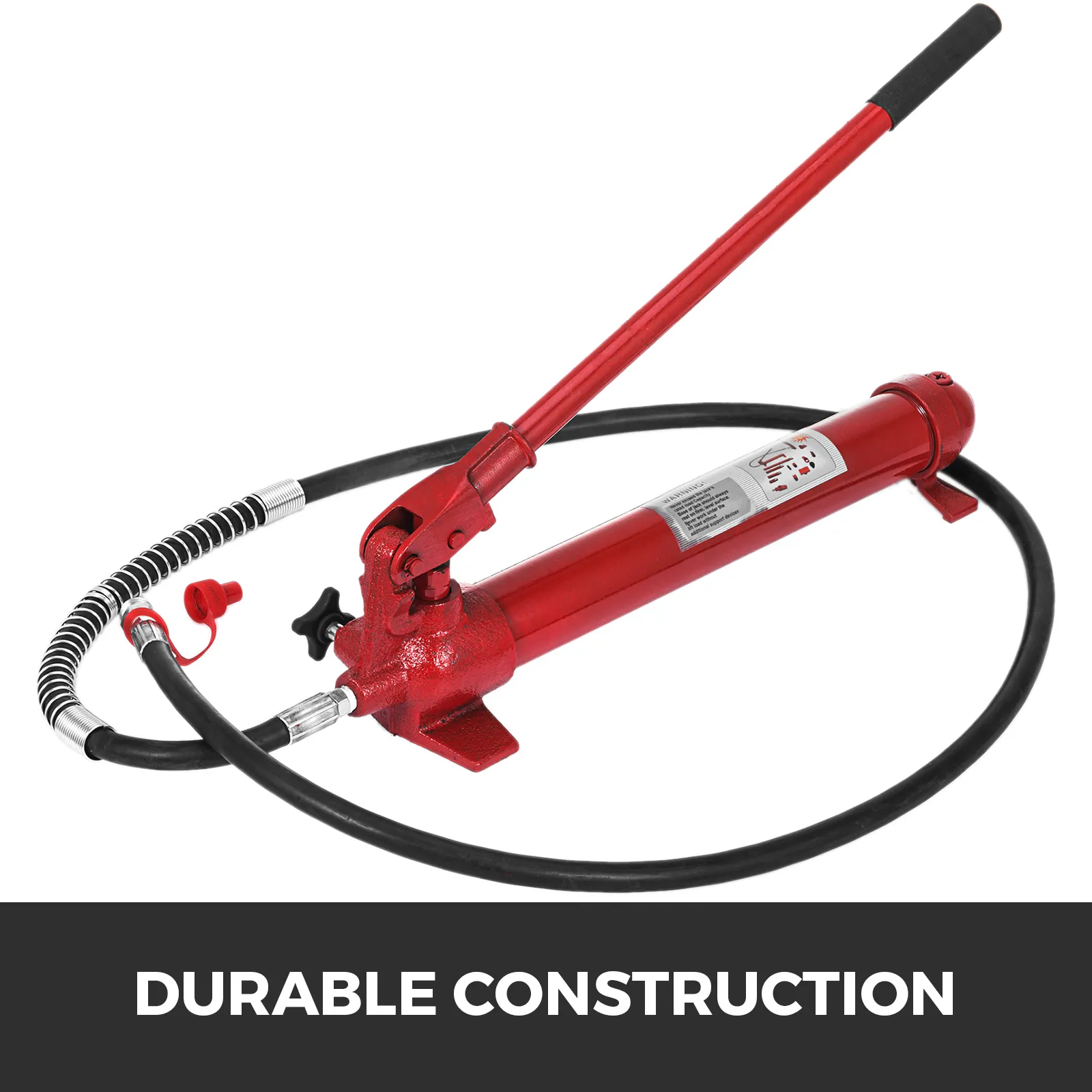 Gato hidráulico VEVOR rojo con construcción duradera y manguera negra.