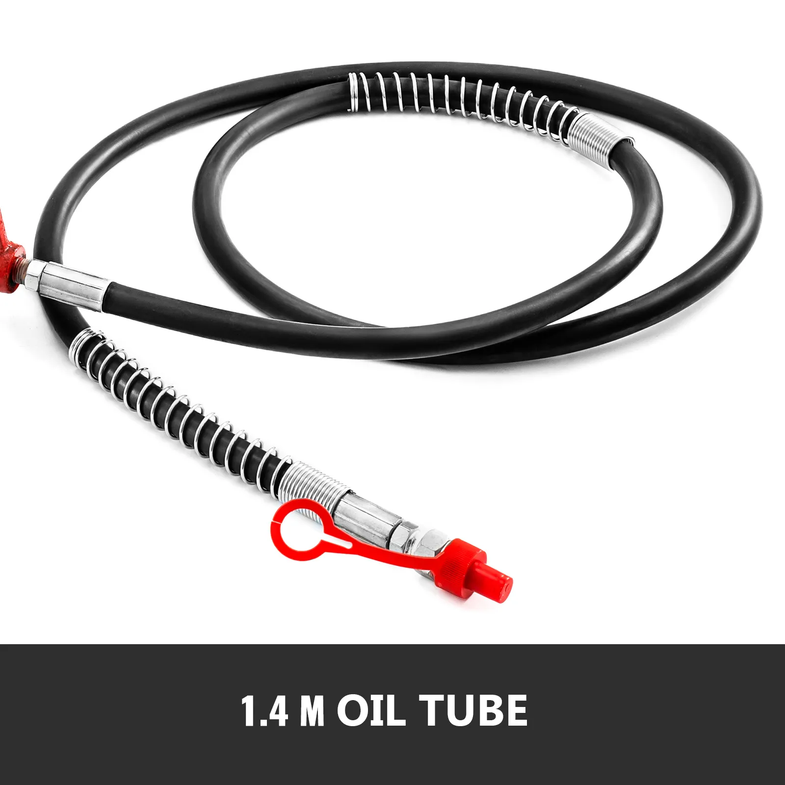 Gato hidráulico VEVOR de 1,4 m con tubo de aceite con tapón rojo y conectores metálicos.