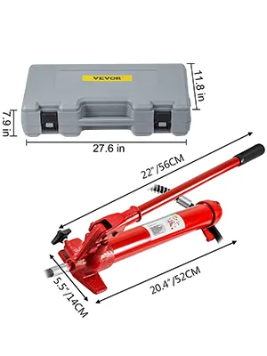 Cric idraulico VEVOR, rosso, con custodia grigia, misure in pollici e cm.