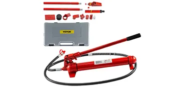 cricco idraulico VEVOR rosso con accessori e custodia grigia.