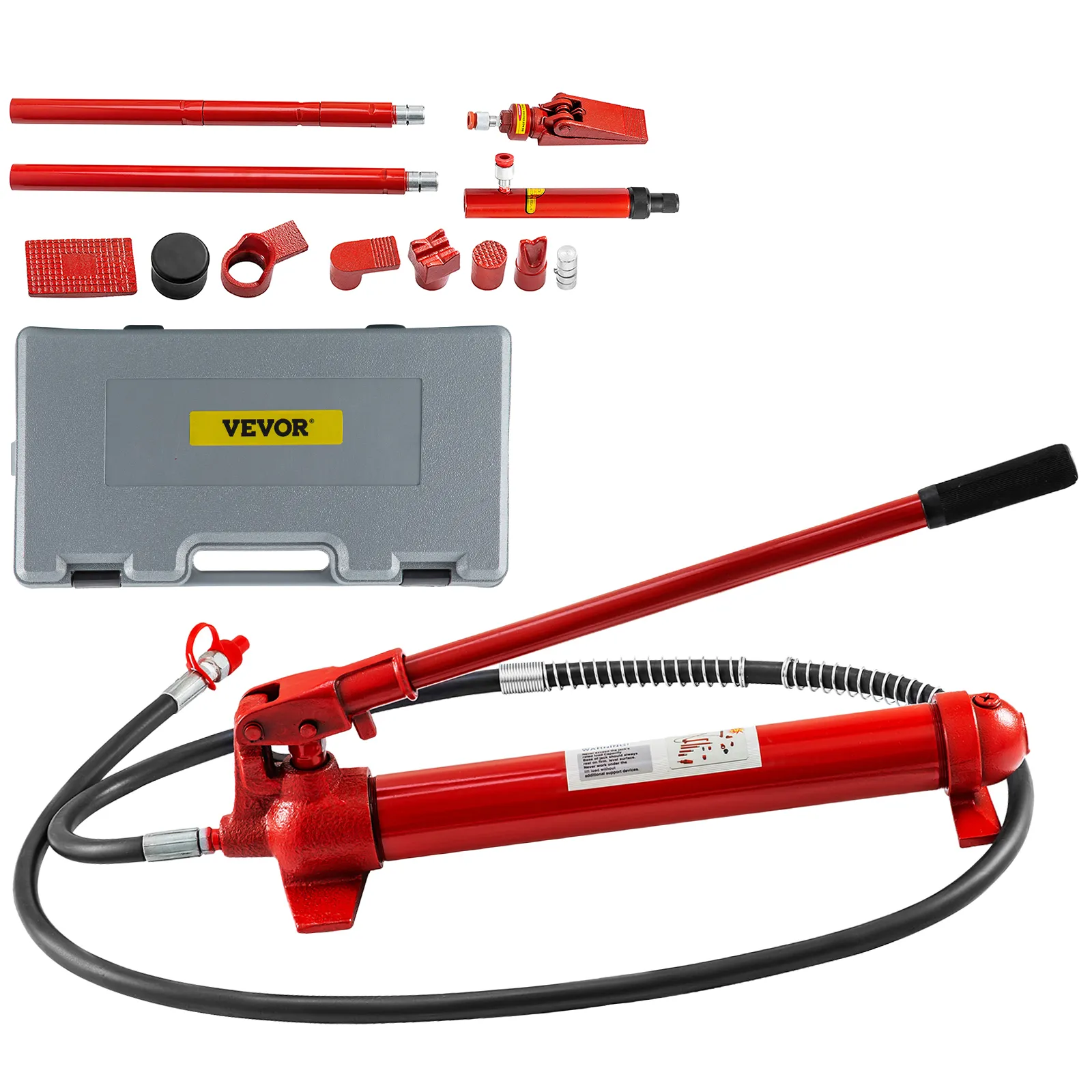 cricco idraulico VEVOR rosso con accessori e valigetta grigia.
