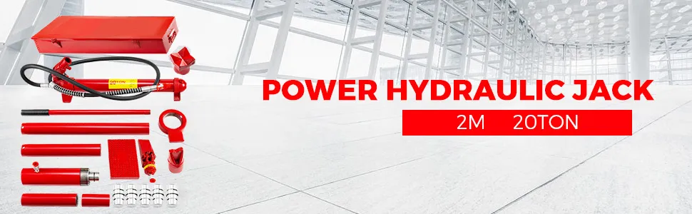 VEVOR porta power kit with red hydraulic jack and tools in modern setting.