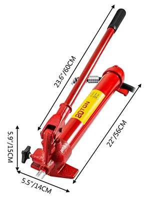 VEVOR porta power kit, red 20-ton hydraulic pump with measurement labels.