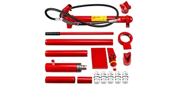 VEVOR porta power kit with red hydraulic pump, extension tubes, and accessories.