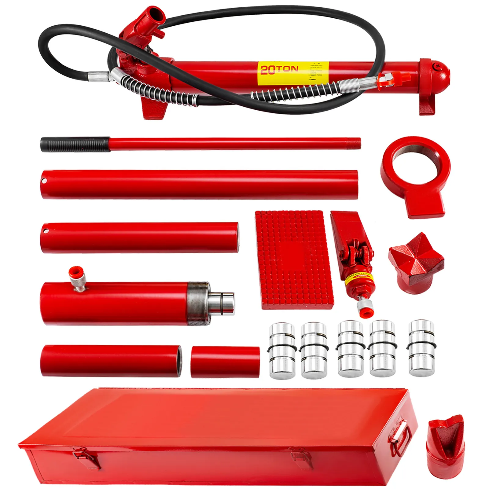 VEVOR porta power kit with red hydraulic pump, extension rods, and accessories.