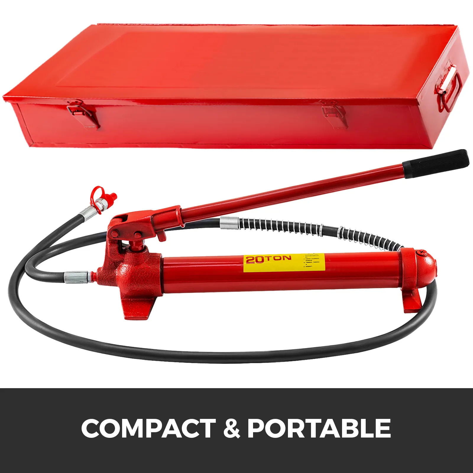 VEVOR porta power kit 20-ton hydraulic pump with red carrying case, compact and portable.