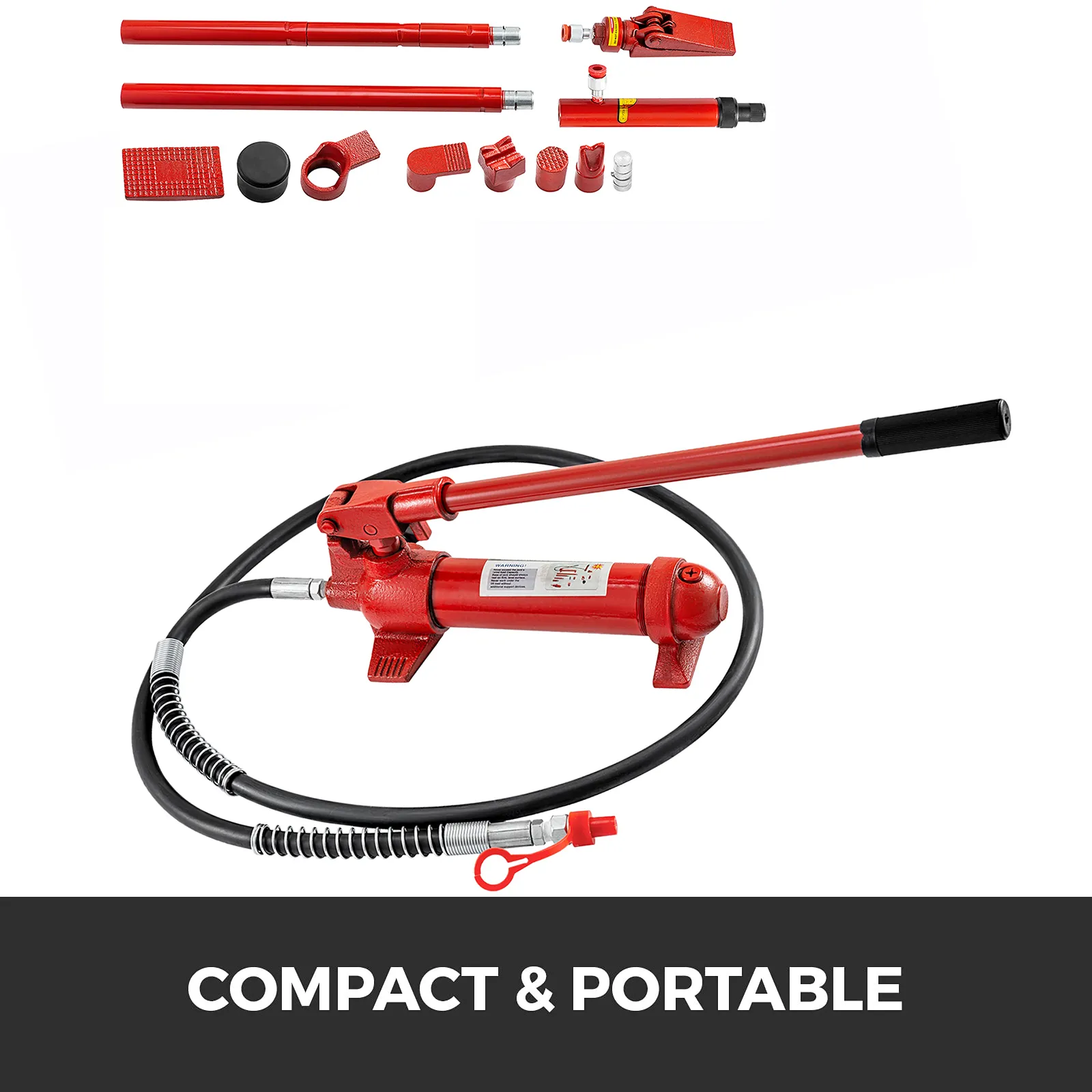 Podnośnik hydrauliczny VEVOR z akcesoriami o kompaktowej i przenośnej konstrukcji.