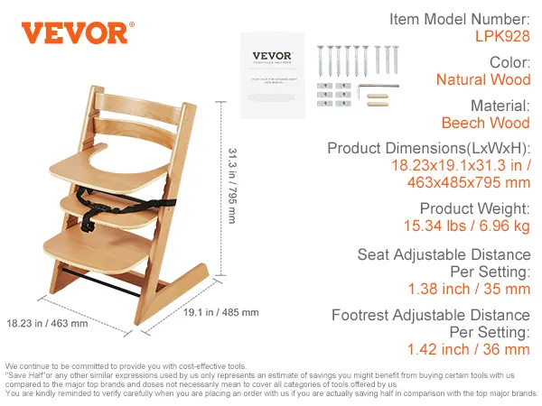 VEVOR wooden high chair with natural wood finish, adjustable seat and footrest, beech wood material.