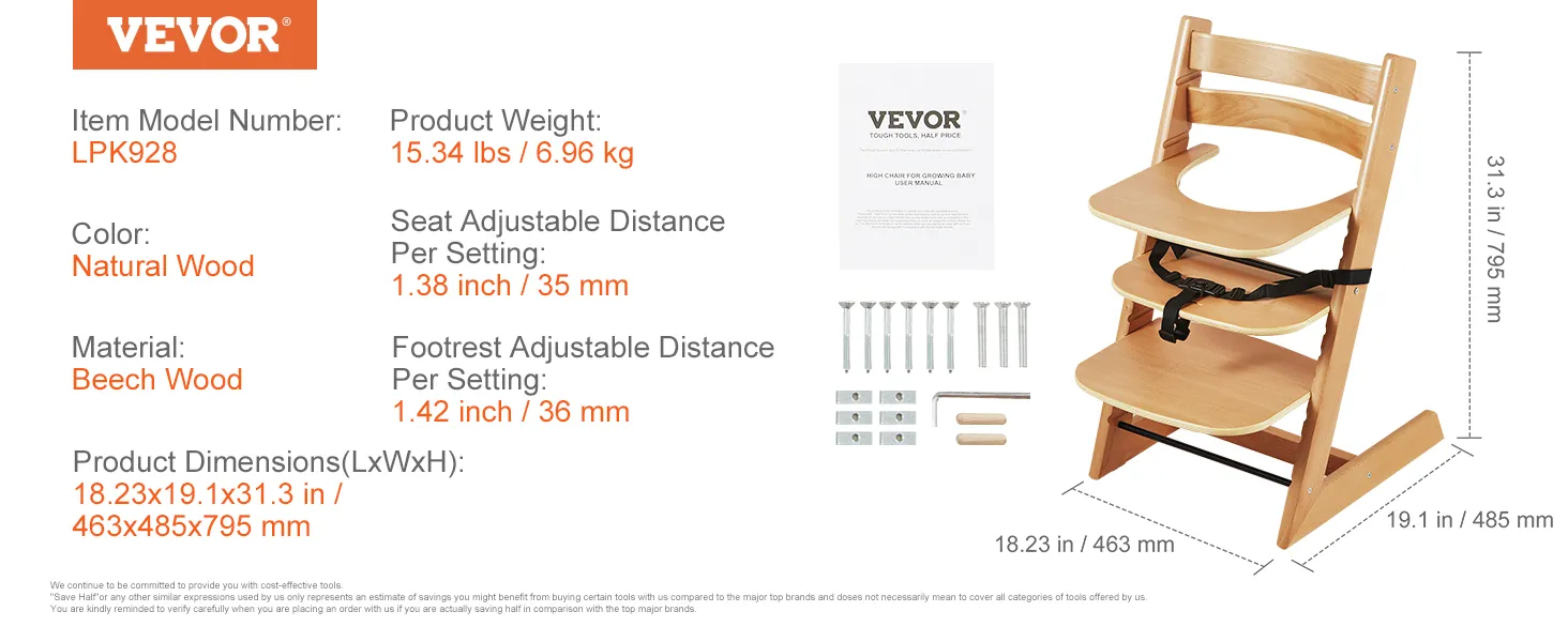 VEVOR wooden high chair with natural wood finish, adjustable seat and footrest, beech wood material.