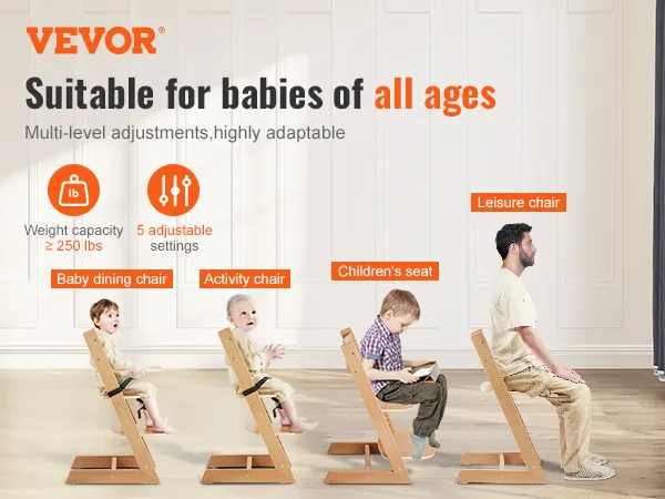 VEVOR Wooden High Chair for Babies & Toddlers, Convertible Adjustable Feeding Chair, Eat & Grow High Chair with Tray, Grow with Kid Portable Baby Dining Booster Seat, Beech Wood Toddler Chair, Natural