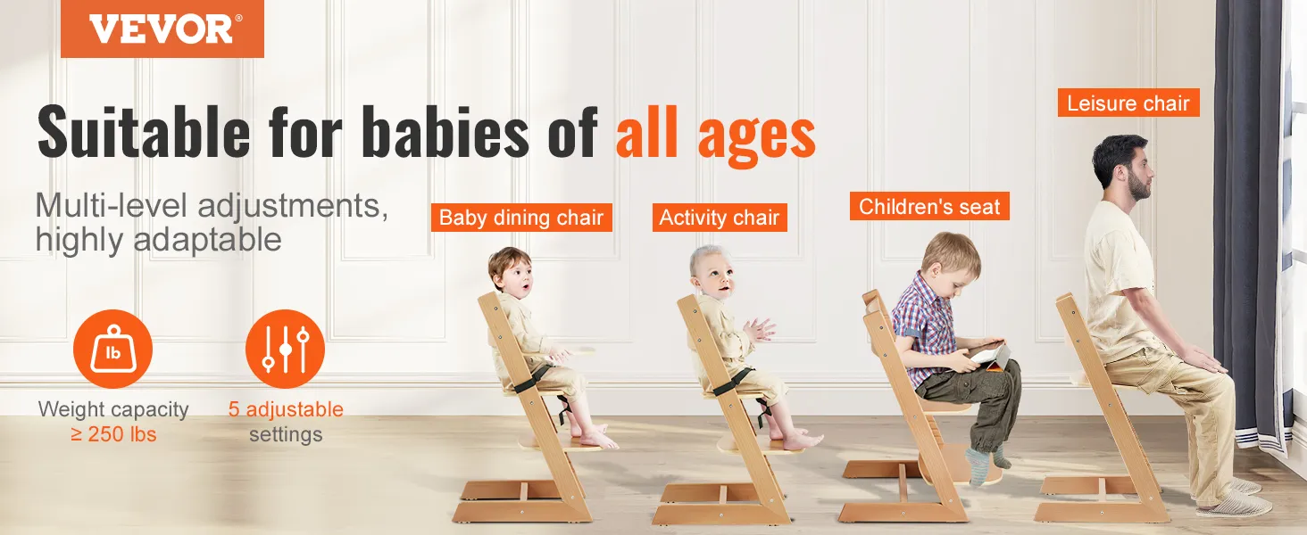 VEVOR wooden high chair for babies of all ages, multi-level adjustments, highly adaptable, 250 lbs capacity.