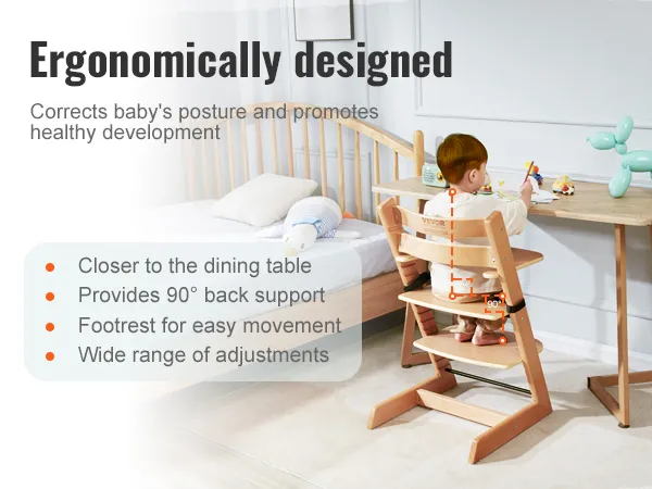 VEVOR Wooden High Chair for Babies & Toddlers, Convertible Adjustable Feeding Chair, Eat & Grow High Chair with Tray, Grow with Kid Portable Baby Dining Booster Seat, Beech Wood Toddler Chair, Natural