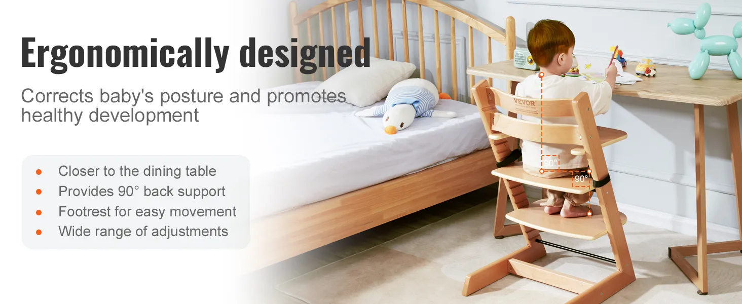 ergonomic VEVOR wooden high chair promoting healthy posture with adjustable back support and footrest.