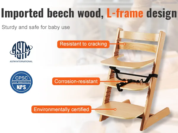 VEVOR wooden high chair, imported beech wood, durable l-frame design, environmentally certified.