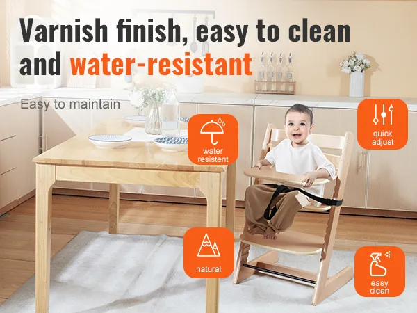 VEVOR wooden high chair in a kitchen setting, featuring water-resistant, easy clean, and quick adjust benefits.