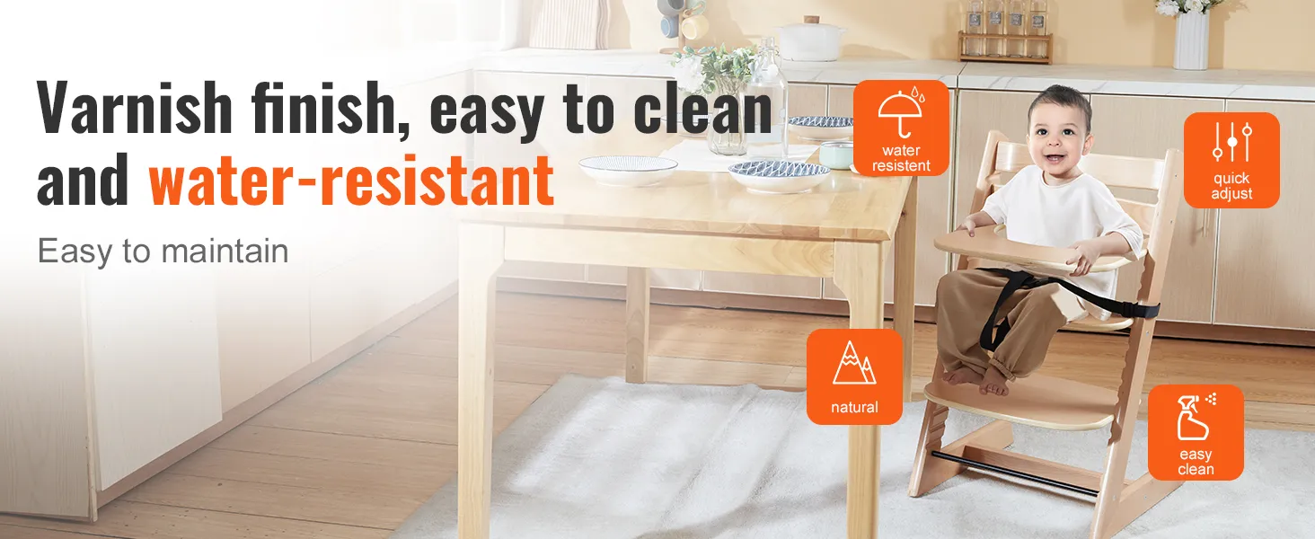 VEVOR wooden high chair in a kitchen setting, featuring water-resistant, easy clean, and quick adjust benefits.