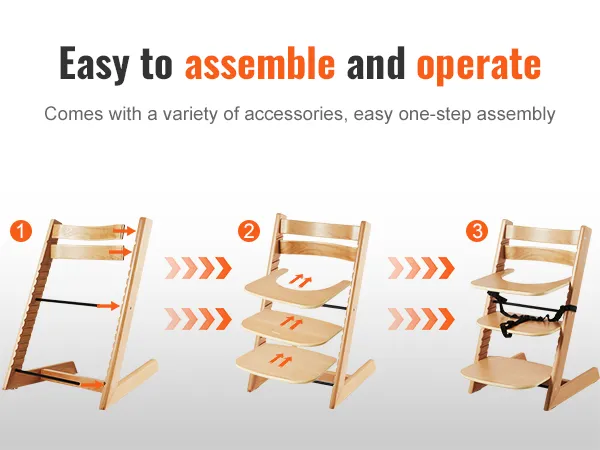 VEVOR wooden high chair assembly steps, showcasing adjustable seat and footrest with easy operation.